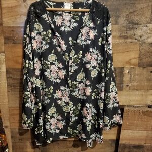 Womens Terra & Sky Dark Floral Button Up Long Sleeve Top Lace Inset Size 3X EUC